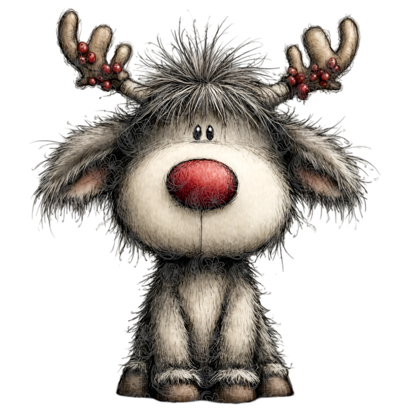 christmas reindeer fluffy cartoon character with red nose and holly berry antlers, Grey Barn Handwerk, Saskatchewan.